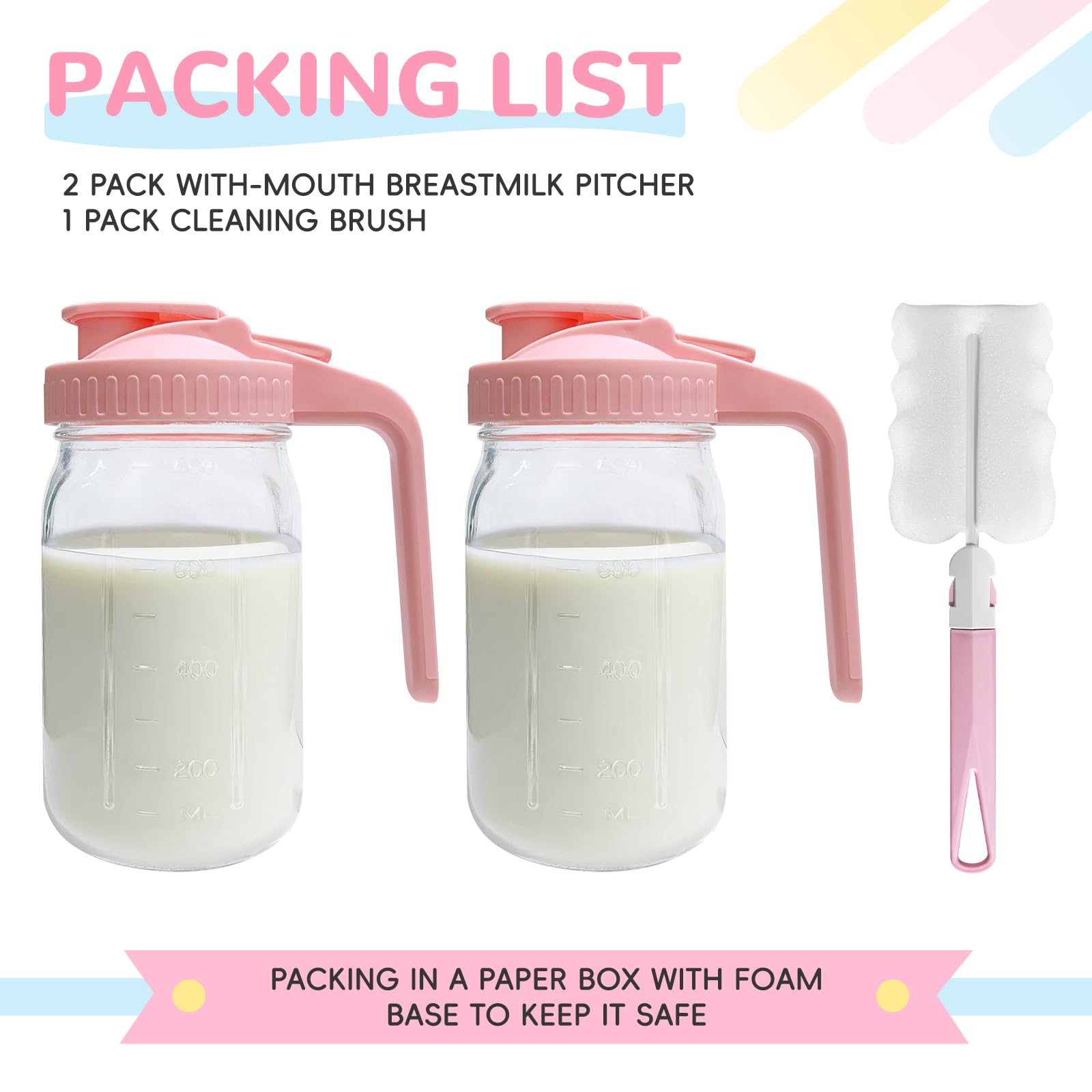 2 PACK Breast Milk Pitcher 32OZ Glass Breastmilk Pitcher with Lids(Pink)