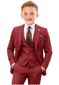 Boys Formal Suit for Kids 4 Piece Slim Fit Tuxedo Suit Formal Wedding Outfit Blazer Jacket Vest Pants Set with Tie Red