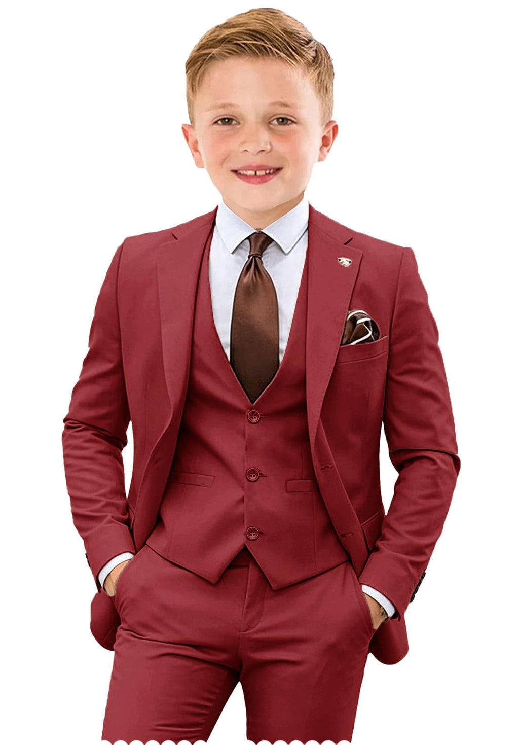 Boys Formal Suit for Kids 4 Piece Slim Fit Tuxedo Suit Formal Wedding Outfit Blazer Jacket Vest Pants Set with Tie Red