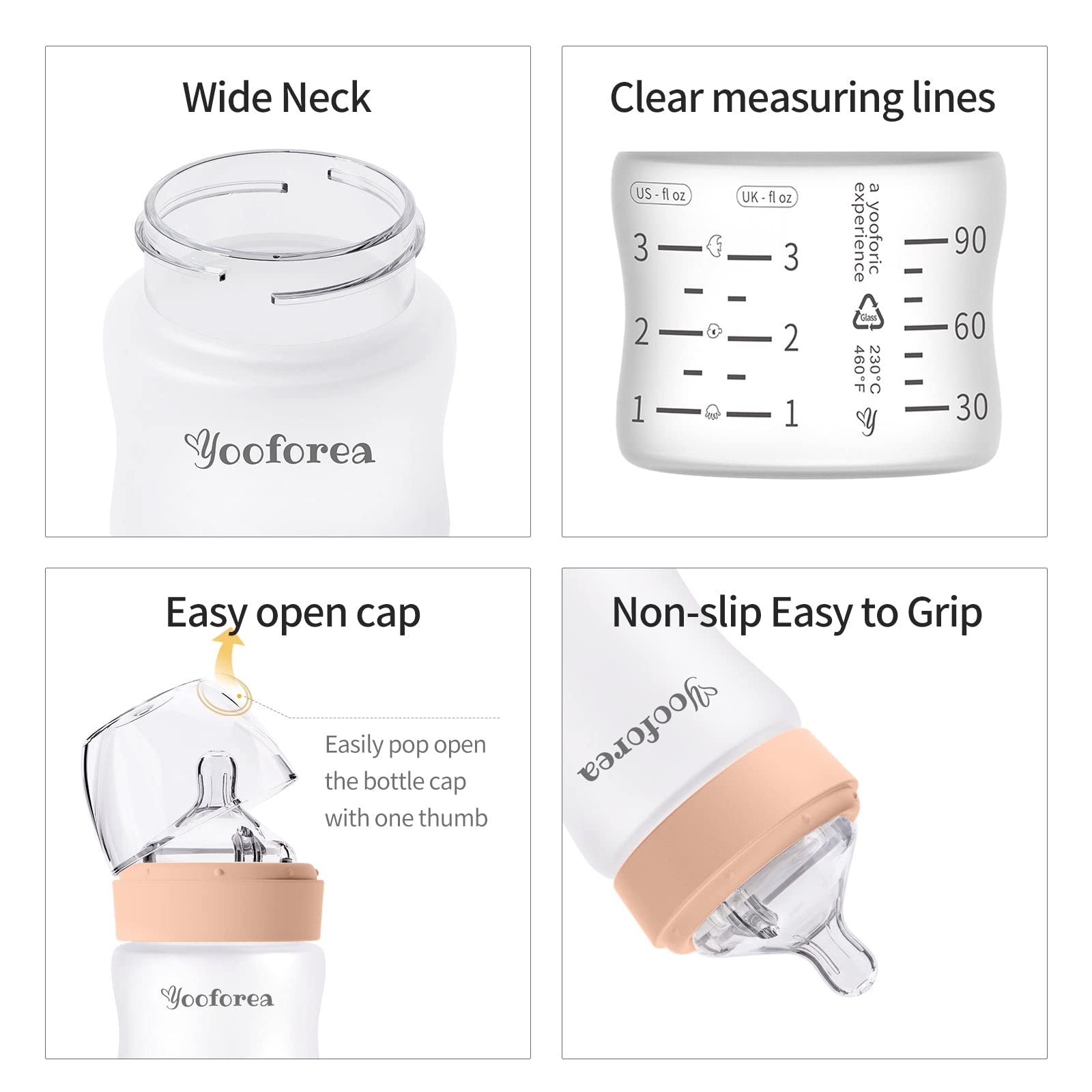 Yooforea Silicone Coated Glass Baby Bottle, 0M+ Slow Flow Nipple I Anti-Colic, Wide Neck, Stable Base I Medical-Grade Silicone Coating for Shatter Protection, BPA BPS PVC Free (2 Pack, 3 Ounce-Honey)