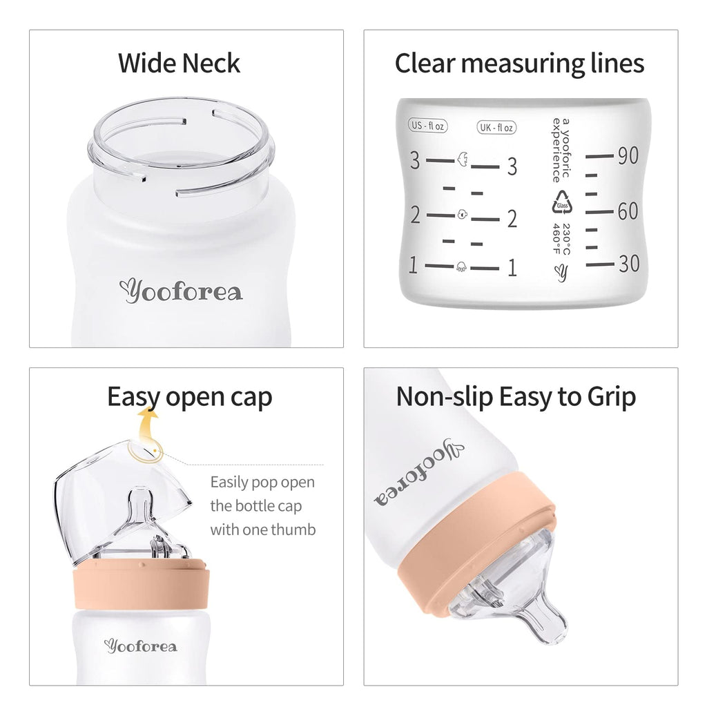 Yooforea Silicone Coated Glass Baby Bottle, 0M+ Slow Flow Nipple I Anti-Colic, Wide Neck, Stable Base I Medical-Grade Silicone Coating for Shatter Protection, BPA BPS PVC Free (2 Pack, 3 Ounce-Honey)