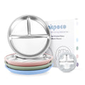 Bakpoco Stainless Steel Suction Plates for Toddlers, 9" Divided Kids Baby Plates with Removable Silicone Suction, Non Toxic Non Slip Portion Control Snack Dishes 4 Packs, Blue Green Gray Pink