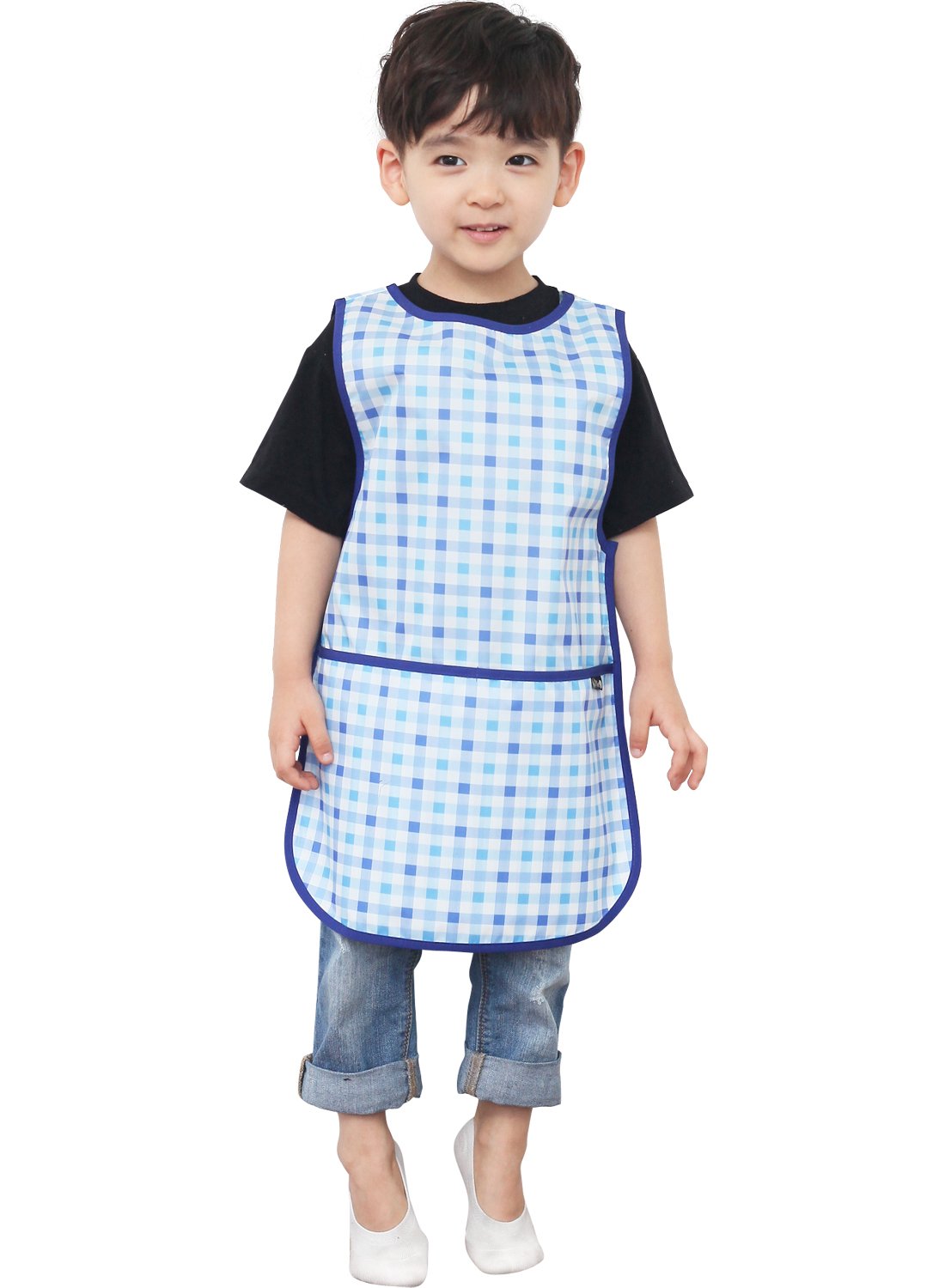 Plie Kids Painting Apron – Waterproof Art Smock for Toddlers & Preschoolers, Messy Play, Baking, Crafts, Cooking, Sensory Activities, Mealtime (Ages 1–10), Blue Check (16-L)