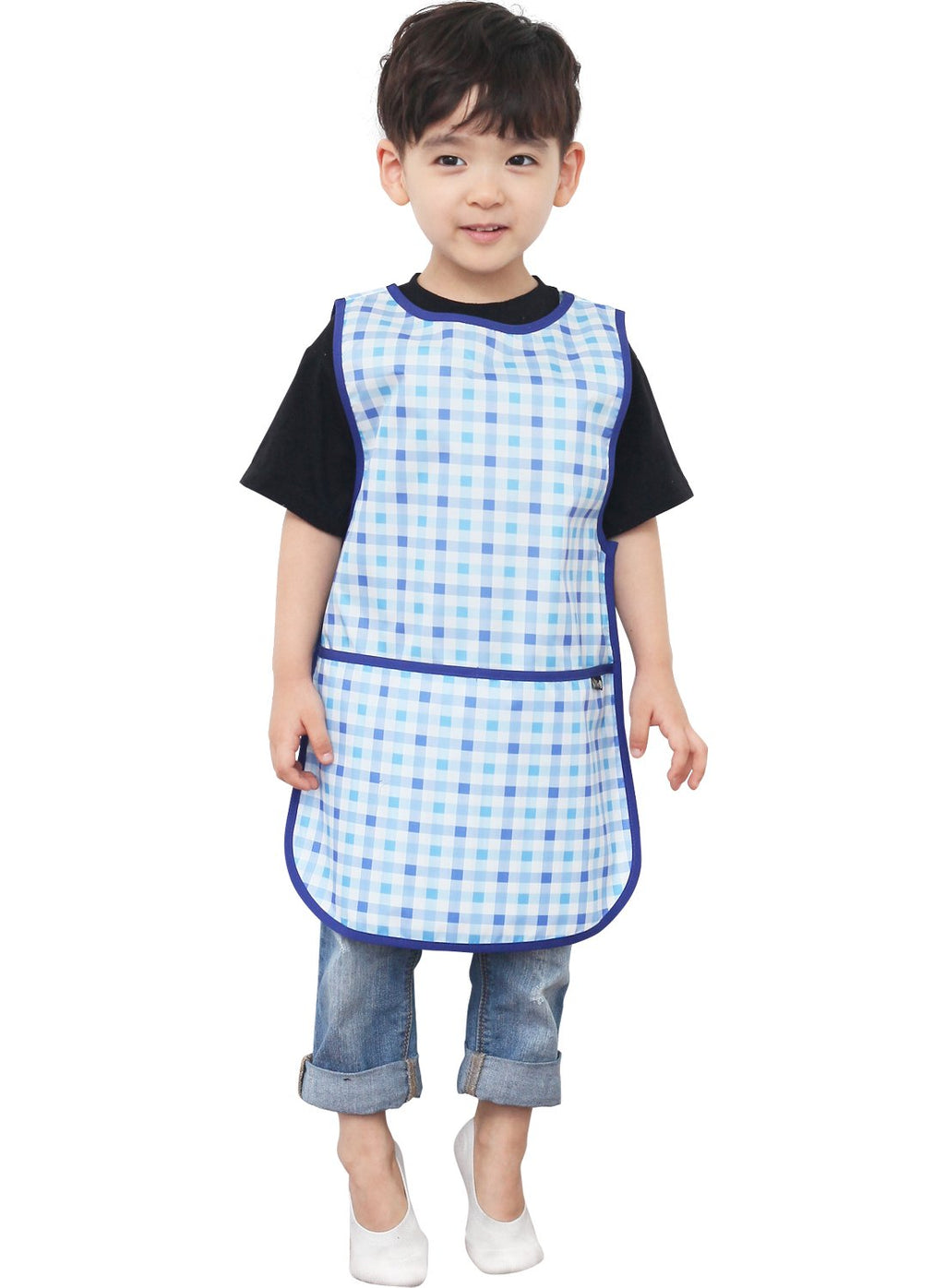 Plie Kids Painting Apron – Waterproof Art Smock for Toddlers & Preschoolers, Messy Play, Baking, Crafts, Cooking, Sensory Activities, Mealtime (Ages 1–10), Blue Check (16-L)