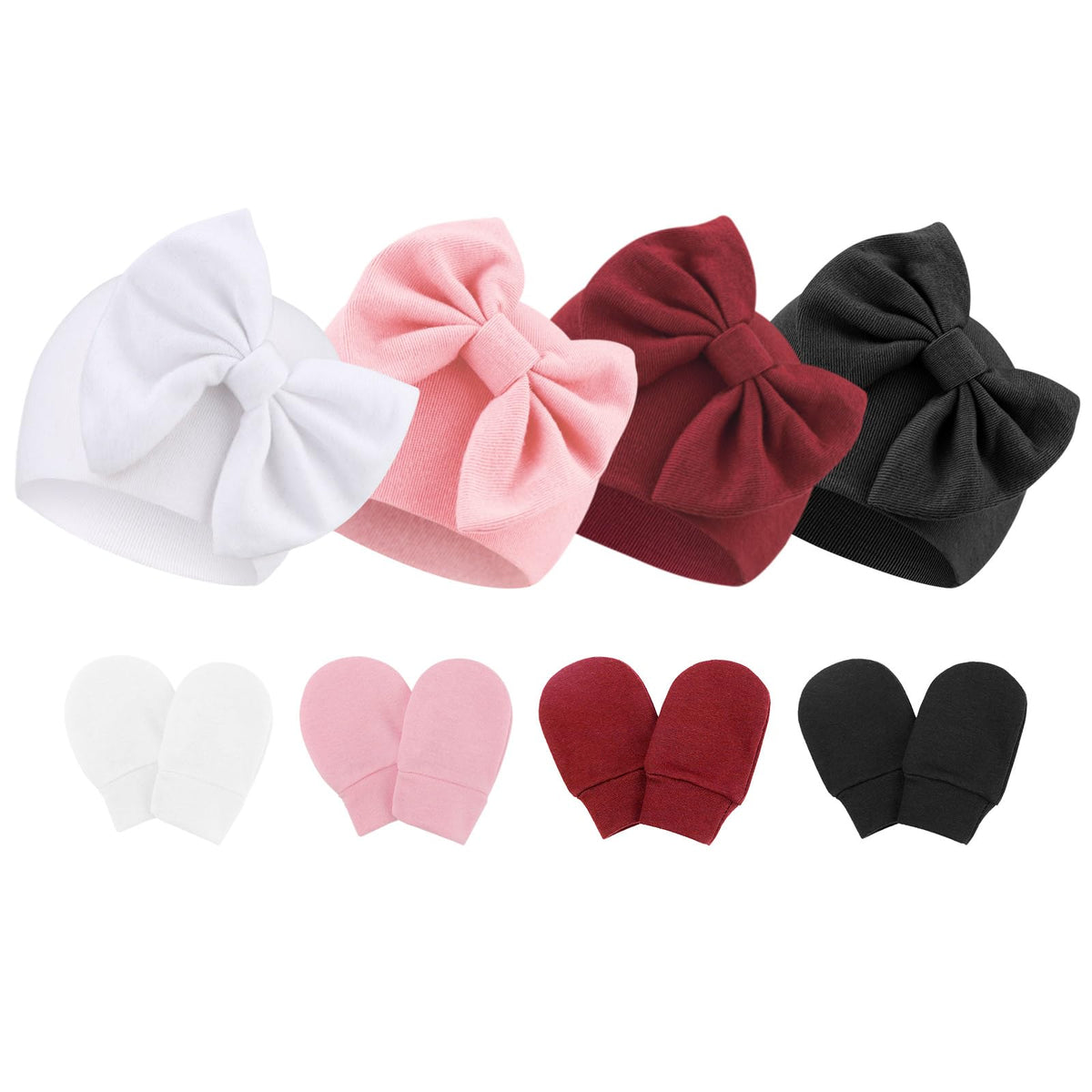 BQUBO Newborn Baby Hats Mittens Set Hospital Hat Beanie Infant Bow Hats Baby Cotton Gloves No Scratch Mittens for 0-6 Months