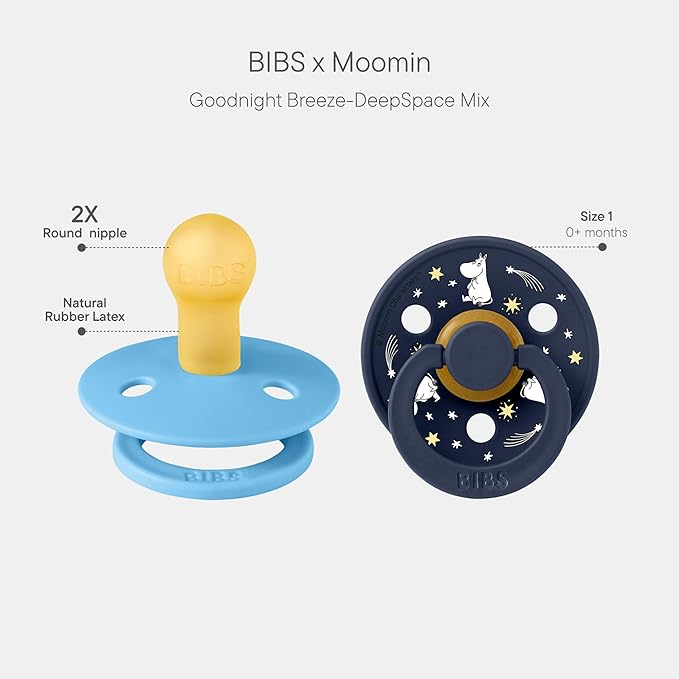 BIBS Colour Moomins Pacifier 2-Pack, BPA Free Pacifier, Round Nipple. Natural Rubber Latex, Made in Denmark, Size 1 (0-6 Months), Breeze/Deep Space