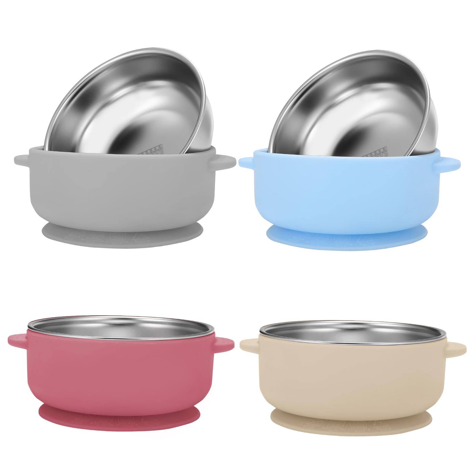 Wesketch 4 Pack Stainless Steel Baby Bowls with Removable Non-Slip Silicone Suction Shell, Anti Scald Food Container for Baby Food Feeding-Skyblue/Gray/Red/Cream