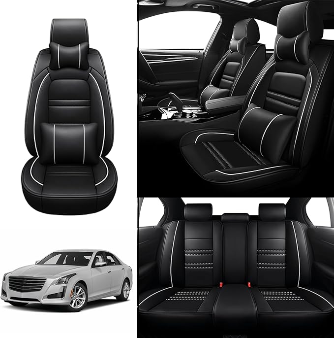 Car Seat Covers for Cadillac cts 2003-2019 | 5-Seats Seat Covers, Waterproof Seat Protectors, Automotive Seat Covers (Full Set with Pillow,Black&White Line)