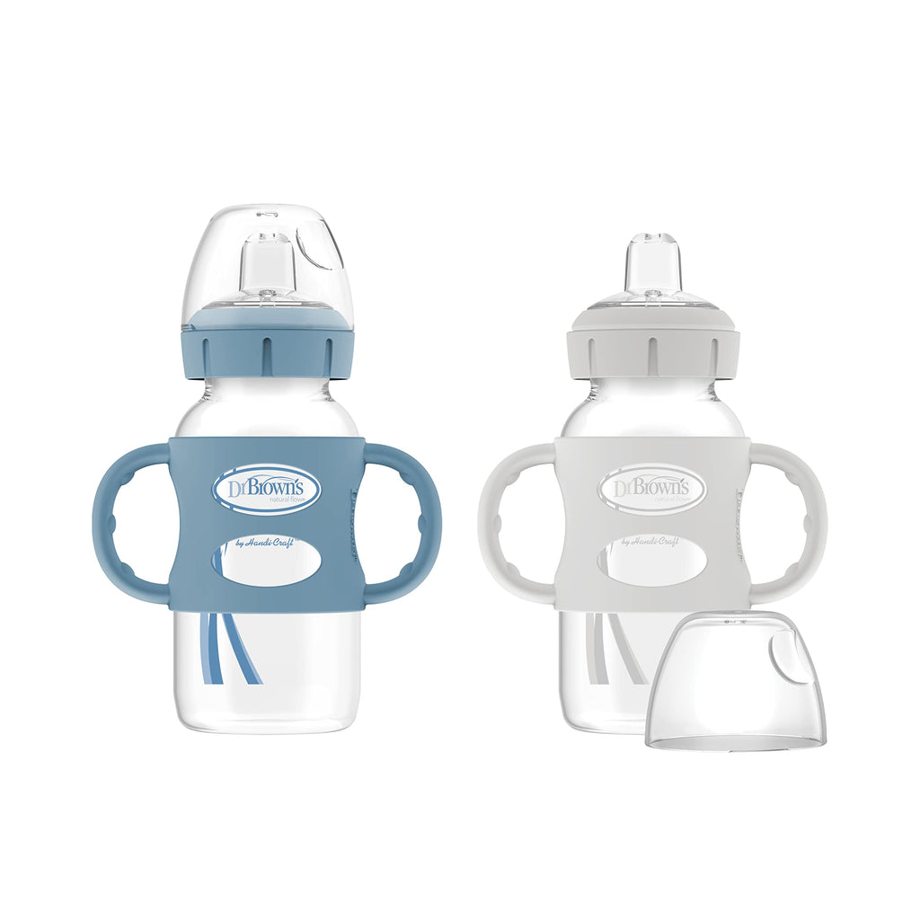 Dr. Brown's Wide-Neck Sippy Spout Bottle with Handles, Blue & Gray, 2-Pack
