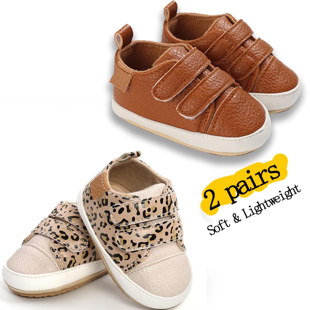 eitwo 2Pairs Baby Shoes,Boys Girls Non-Slip Rubber Sole Sneakers,Unisex Infant Soft Lightweight First Walking Crib Shoes (2Pairs_Brown+Leopard,6-12 Months)