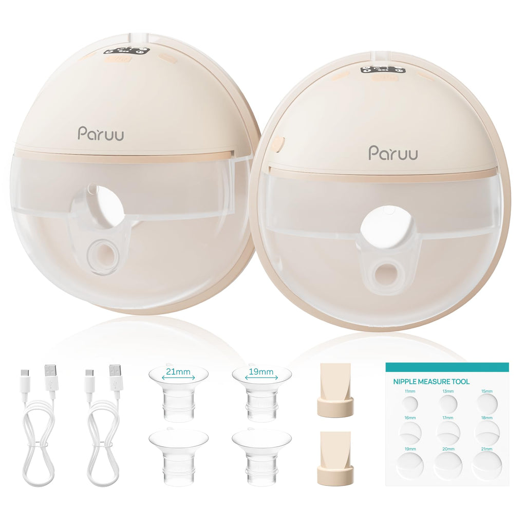 Paruu Hands Free Breast Pump P16, Wearable Breast Pump Electirc Portable with 4 Modes & 12 Levels, Max 309mmHg Strong Suction 19/21/24mm Flange Inserts Wearable Breastfeeding Pump, 2 Pack（Nude
