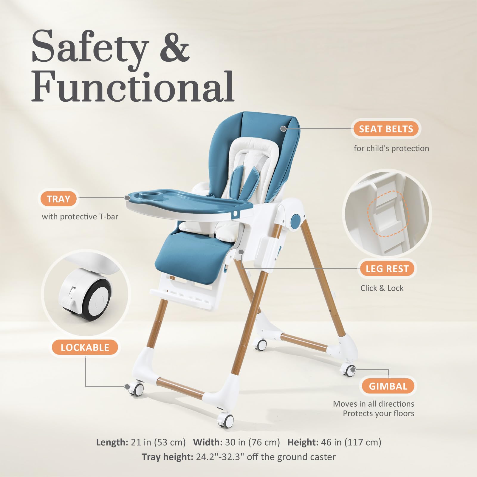 Foldable High Chairs for Babies and Toddlers, 3-in-1 Convertible Baby High Chair with Removable Soft Cushion and Tray, Adjustable Height & Recline, Lockable Wheels, Dark Blue