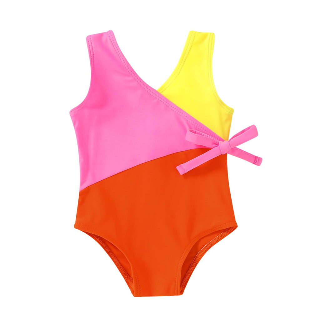 Happy Town Toddler Swimsuit Girl One Piece Bathing Suit Color Block Swimwear Baby Summer Beach Wear(18-24 Months,Yellow Pink Orange)