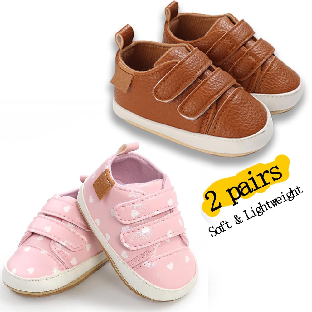 eitwo 2Pairs Baby Shoes,Boys Girls Non-Slip Rubber Sole Sneakers,Unisex Infant Soft Lightweight First Walking Hoes(2Pairs_Brown+PinkHeart,12-18 Months)