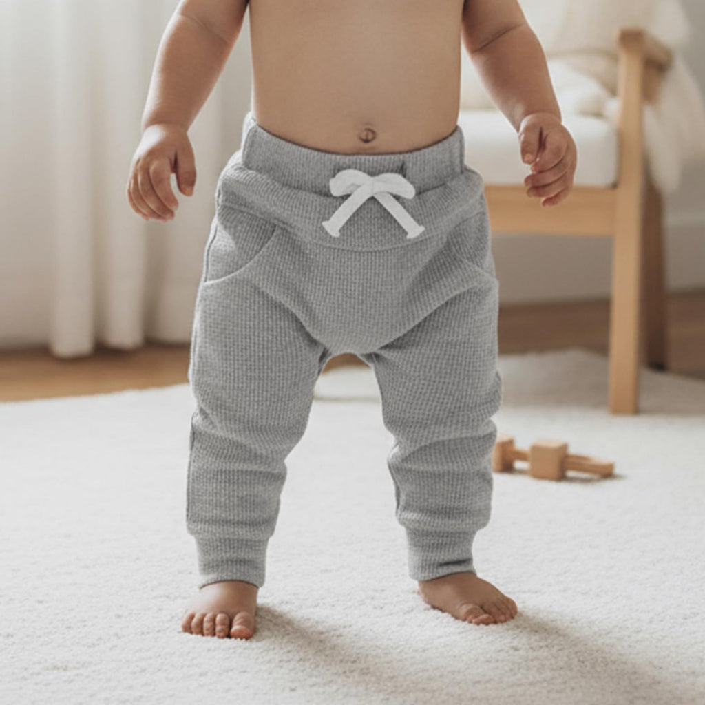 Sejardin Toddler Baby Boy Girl Pants 3 Pack Solid Color Elastic Waist Jogger Sweatpants Newborn Infant Casual Bottoms (Waffle Gray Blue Brown, 12-18 Months)