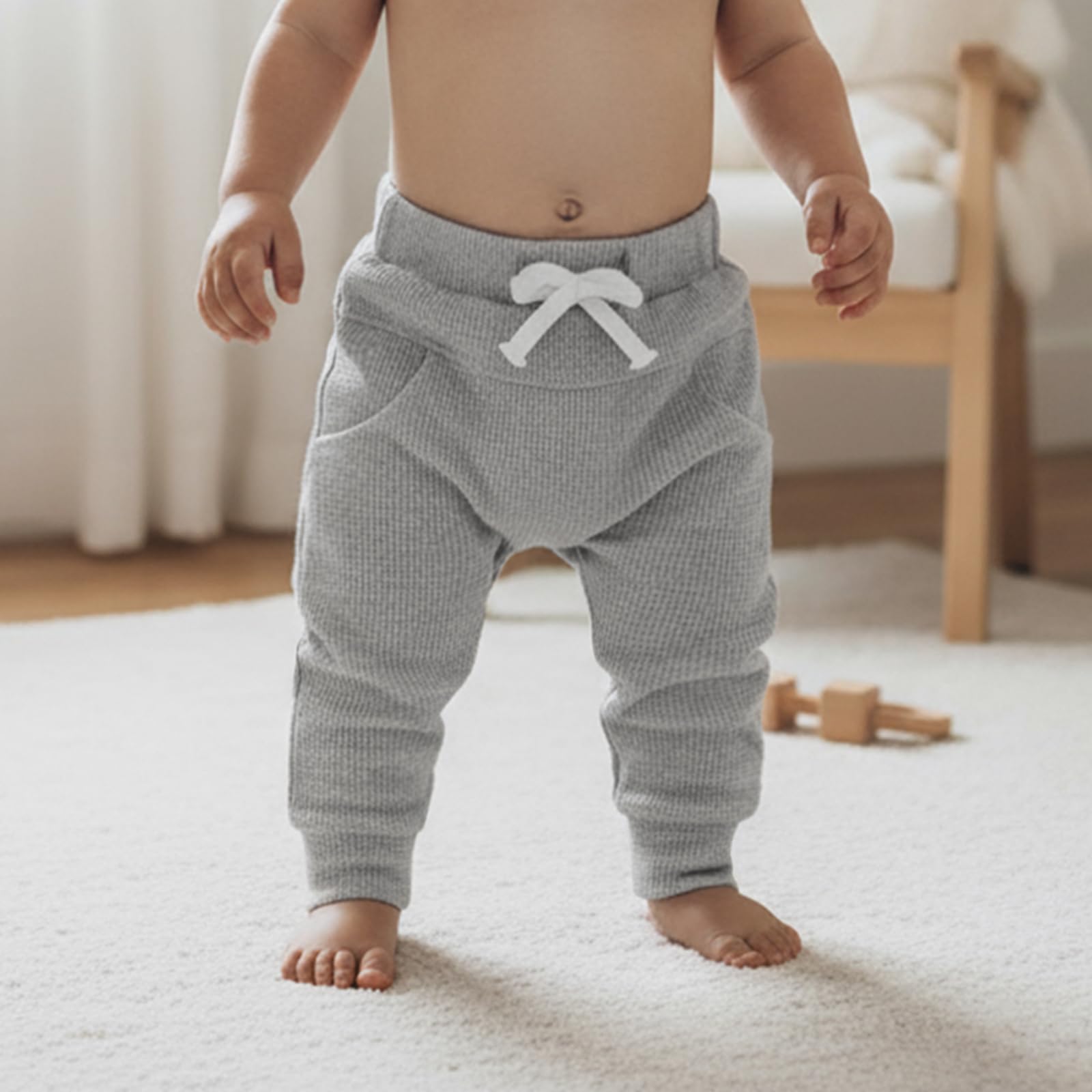 Sejardin Toddler Baby Boy Girl Pants 3 Pack Solid Color Elastic Waist Jogger Sweatpants Newborn Infant Casual Bottoms (Waffle Gray Blue Brown, 12-18 Months)