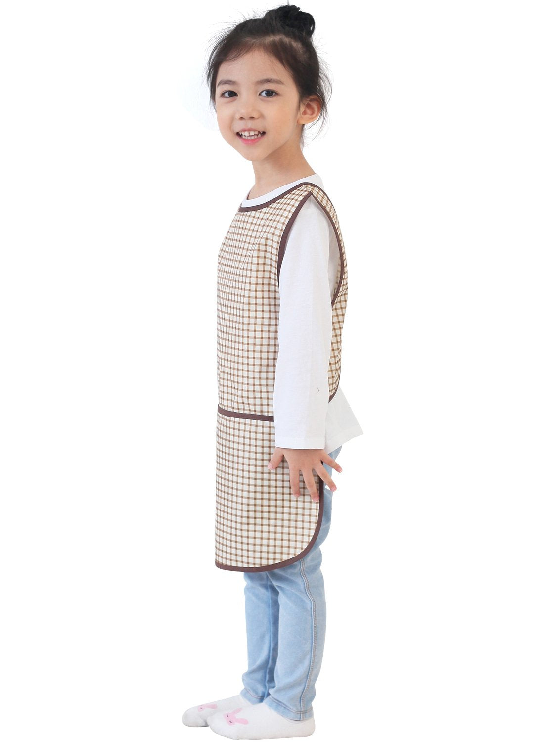 Plie Kids Painting Apron – Waterproof Art Smock for Toddlers & Preschoolers, Messy Play, Baking, Crafts, Cooking, Sensory Activities, Mealtime (Ages 1–10), Brown Check (18-M)
