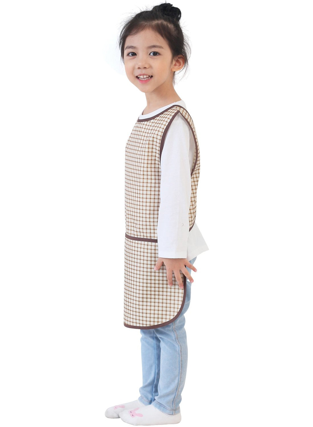 Plie Kids Painting Apron – Waterproof Art Smock for Toddlers & Preschoolers, Messy Play, Baking, Crafts, Cooking, Sensory Activities, Mealtime (Ages 1–10), Brown Check (18-M)