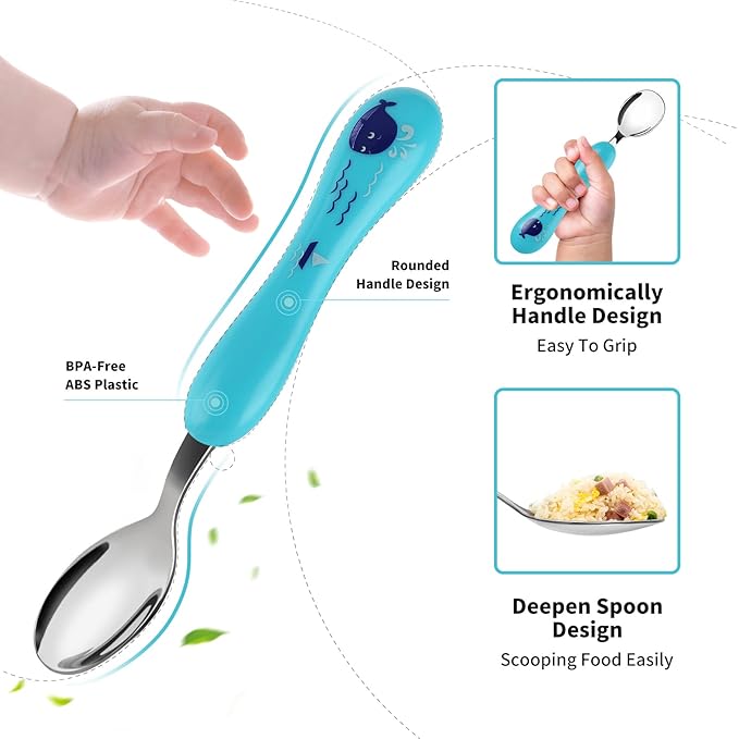 Lehoo Castle 6 Pieces Toddler Utensils, Kids Silverware for 2 3 4 Years Old, Stainless Steel Knife Fork and Spoon Set with Plastic Handle, Safe Toddler Cutlery (Blue)