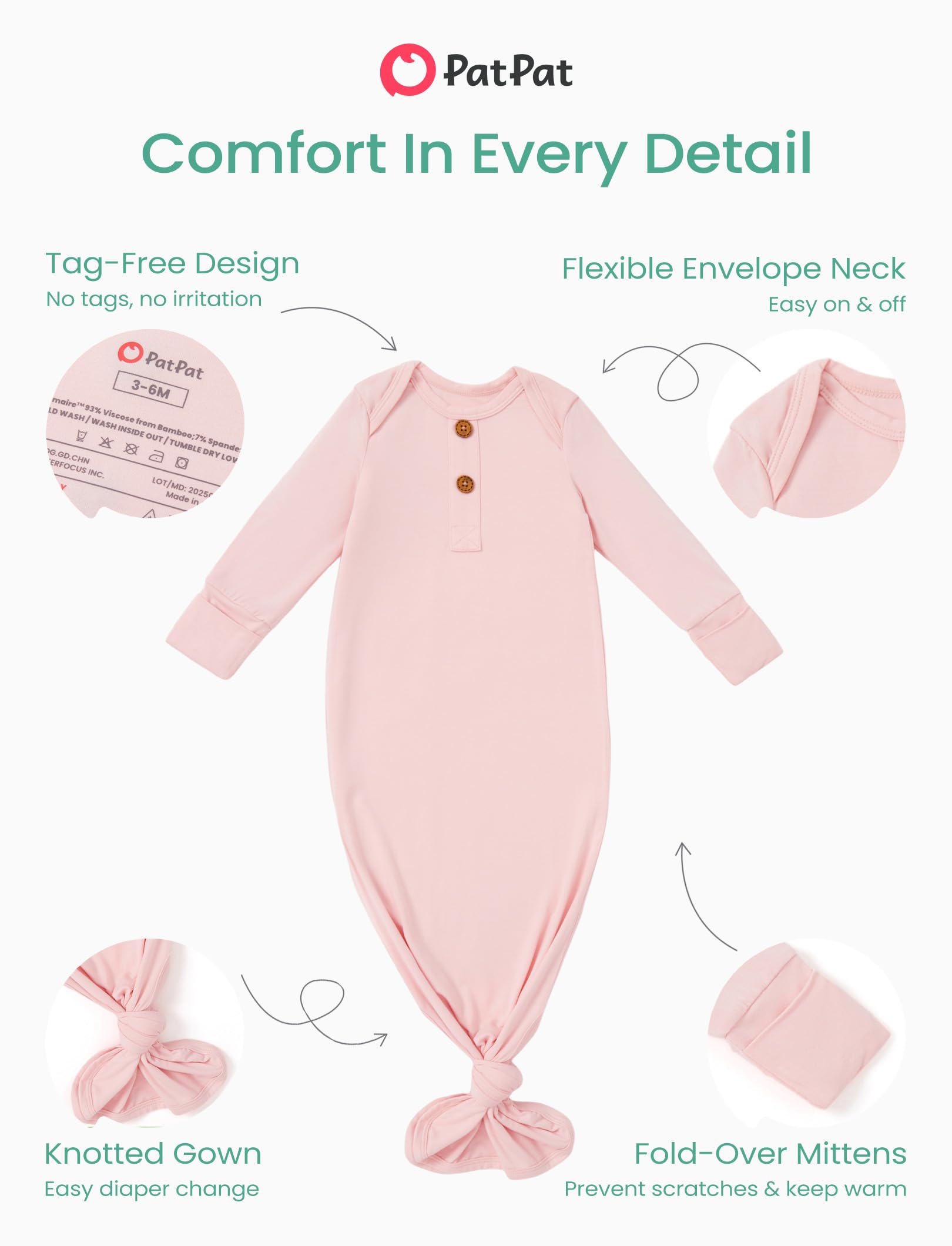 PATPAT Baby Sleeper Gown with Bamboo Viscose for Newborn Girls Boys, Knotted Nightgown with Mittens for Infant Home Coming, Petal-Hat, 3-6M
