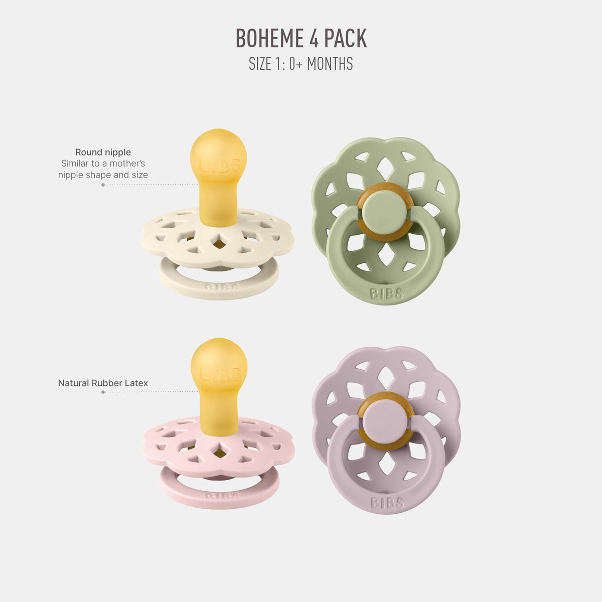 BIBS Boheme Soother 4-Pack. BPA Free Dummy Pacifier, Round Nipple. Natural Rubber Latex, Made in Denmark. 0-6 Months (Pack of 4), Peach Mix