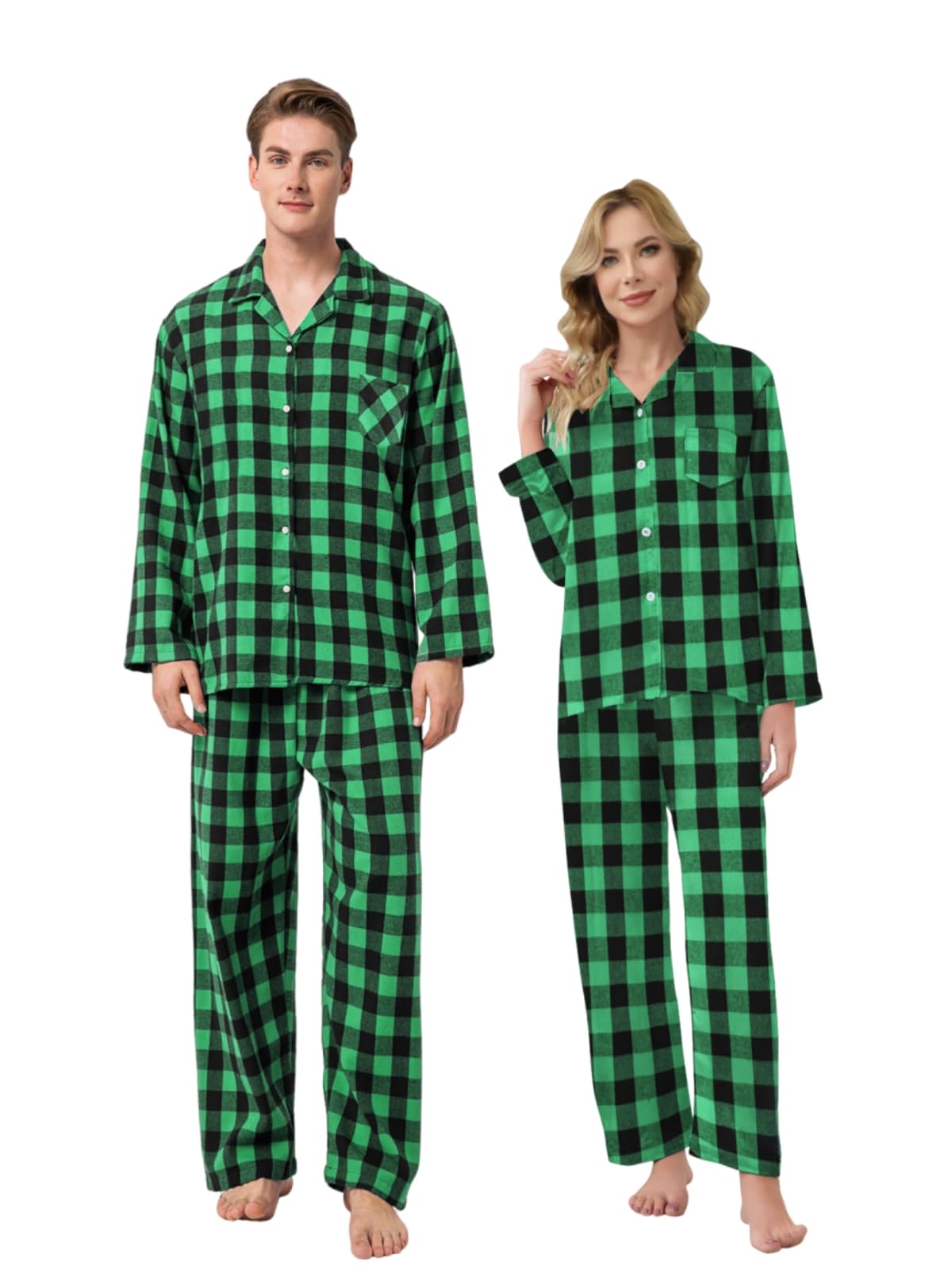 Schbbbta Family Plaid Pajamas Set, Girls Boys 2-Piece Pajamas Set Long Sleeve Sleepwear Button Down Pjs, Black Green, 7-8 Years=Tag 140