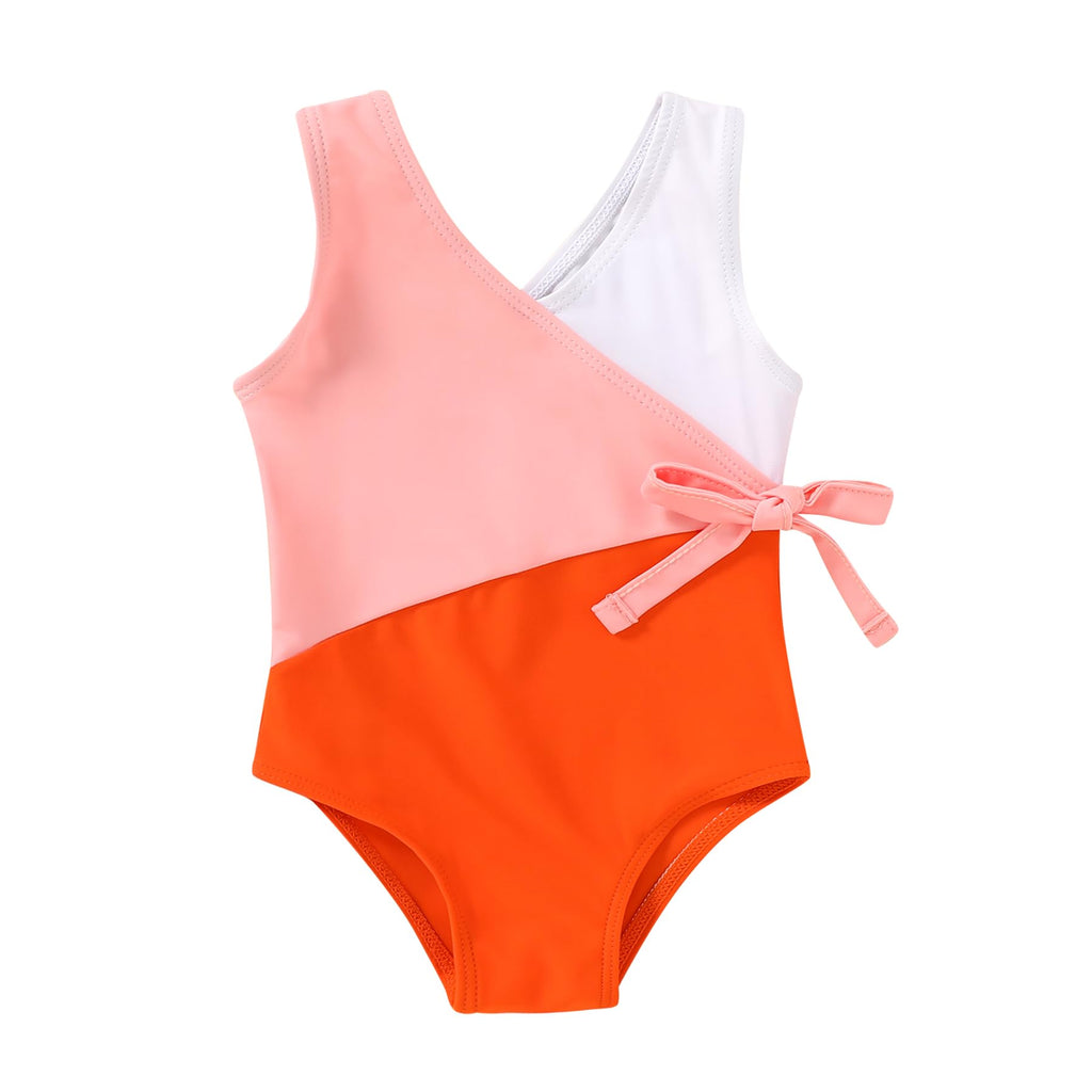 Happy Town Toddler Swimsuit Girl One Piece Bathing Suit Color Block Swimwear Baby Summer Beach Wear(12-18 Months,White Pink Orange)