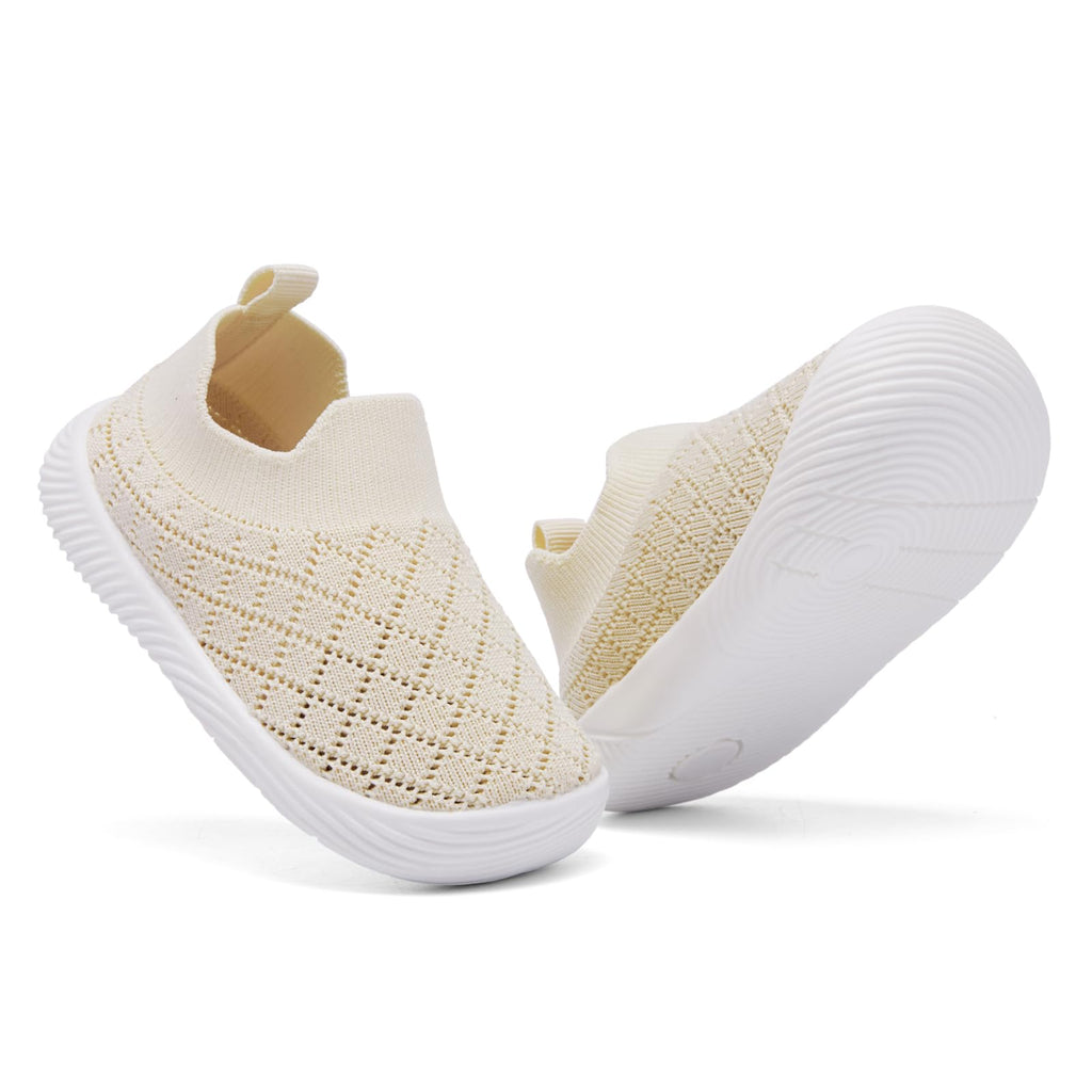 MORENDL Toddler Shoes Baby Walking Sock Shoes Non-Slip Breathable Boys & Girls Sneakers Infant Tennis Shoes Mesh Beige Size 12