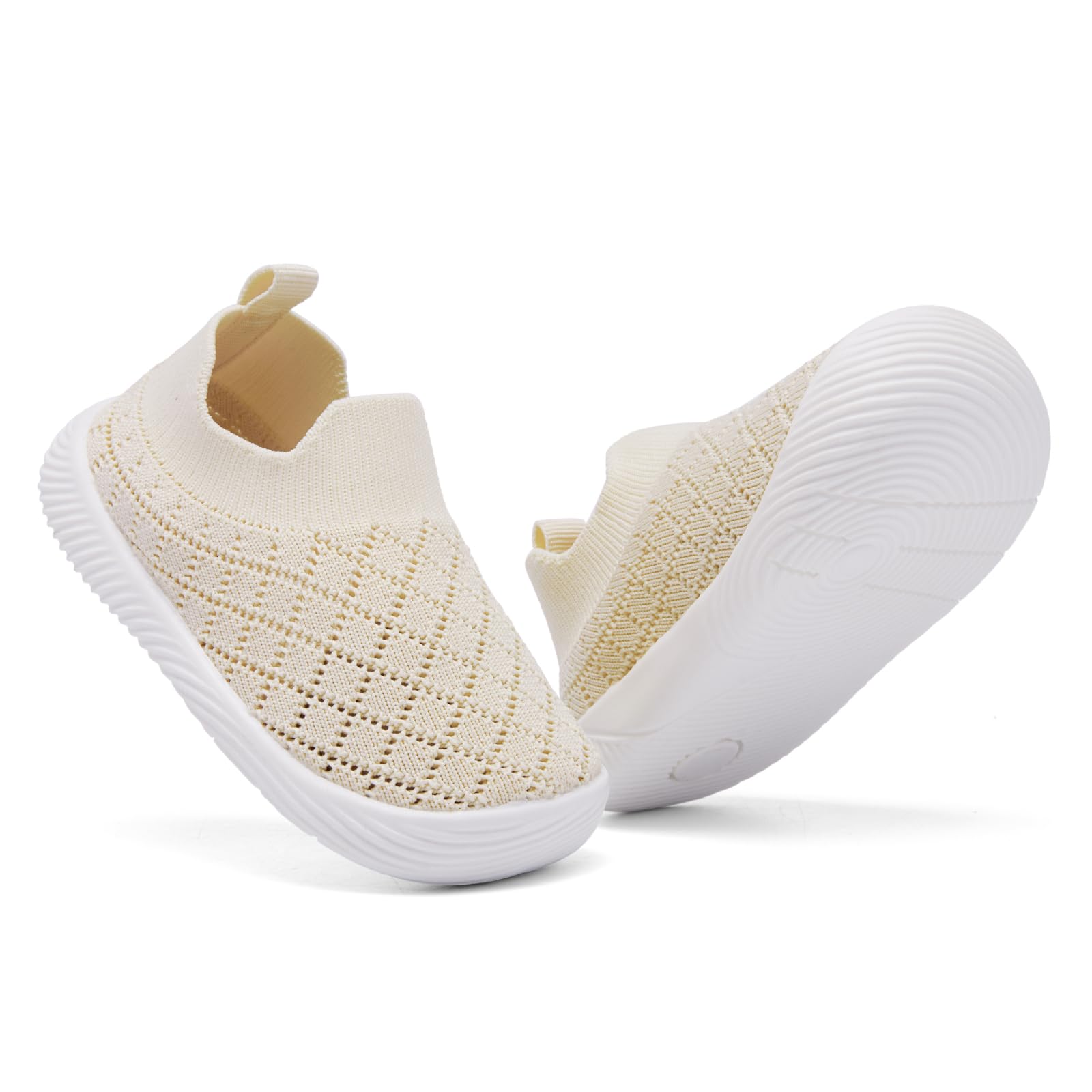 MORENDL Toddler Shoes Baby Walking Sock Shoes Non-Slip Breathable Boys & Girls Sneakers Infant Tennis Shoes Mesh Beige Size 12