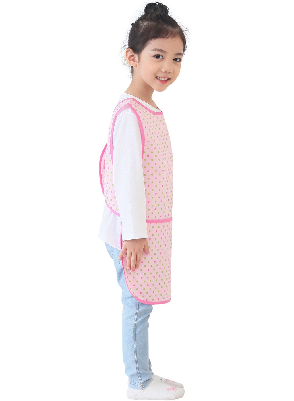 Plie Kids Painting Apron – Waterproof Art Smock for Toddlers & Preschoolers, Messy Play, Baking, Crafts, Cooking, Sensory Activities, Mealtime (Ages 1–10), Pink&Green Dot (29-XL)
