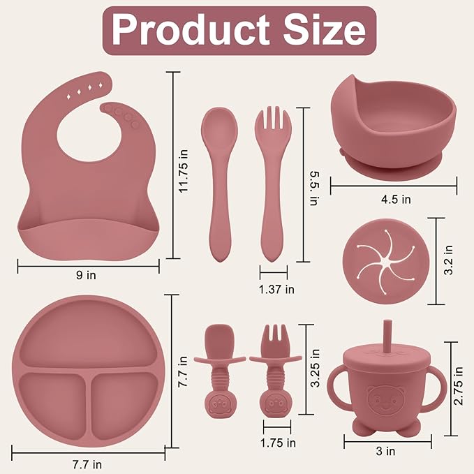 Silicone Baby Feeding Set | Baby Led Weaning Supplies Includes Suction Bowls and Divided Plates, Adjustable Bib, Baby Utensils Spoons and Forks,Cup | Baby Feeding Essentials (Red)