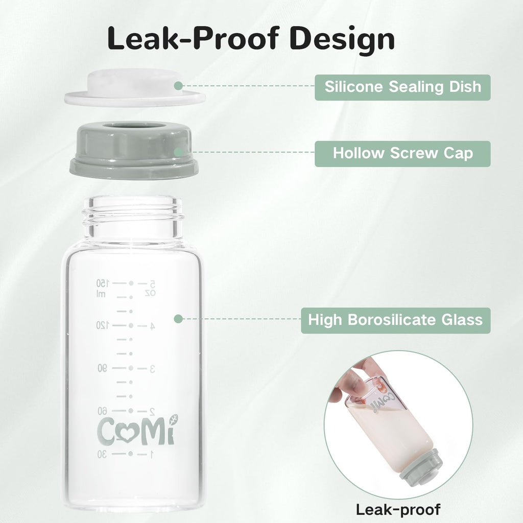 COMI Natural Glass Baby Bottle,Standard Neck Breastmilk Storage Bottle for Fridge,Breast Milk Container,Breast Pump Bottle Compatible with Medela Breast Pump,BPA Free,6PCS (5oz,3 Gray+3 Pink)
