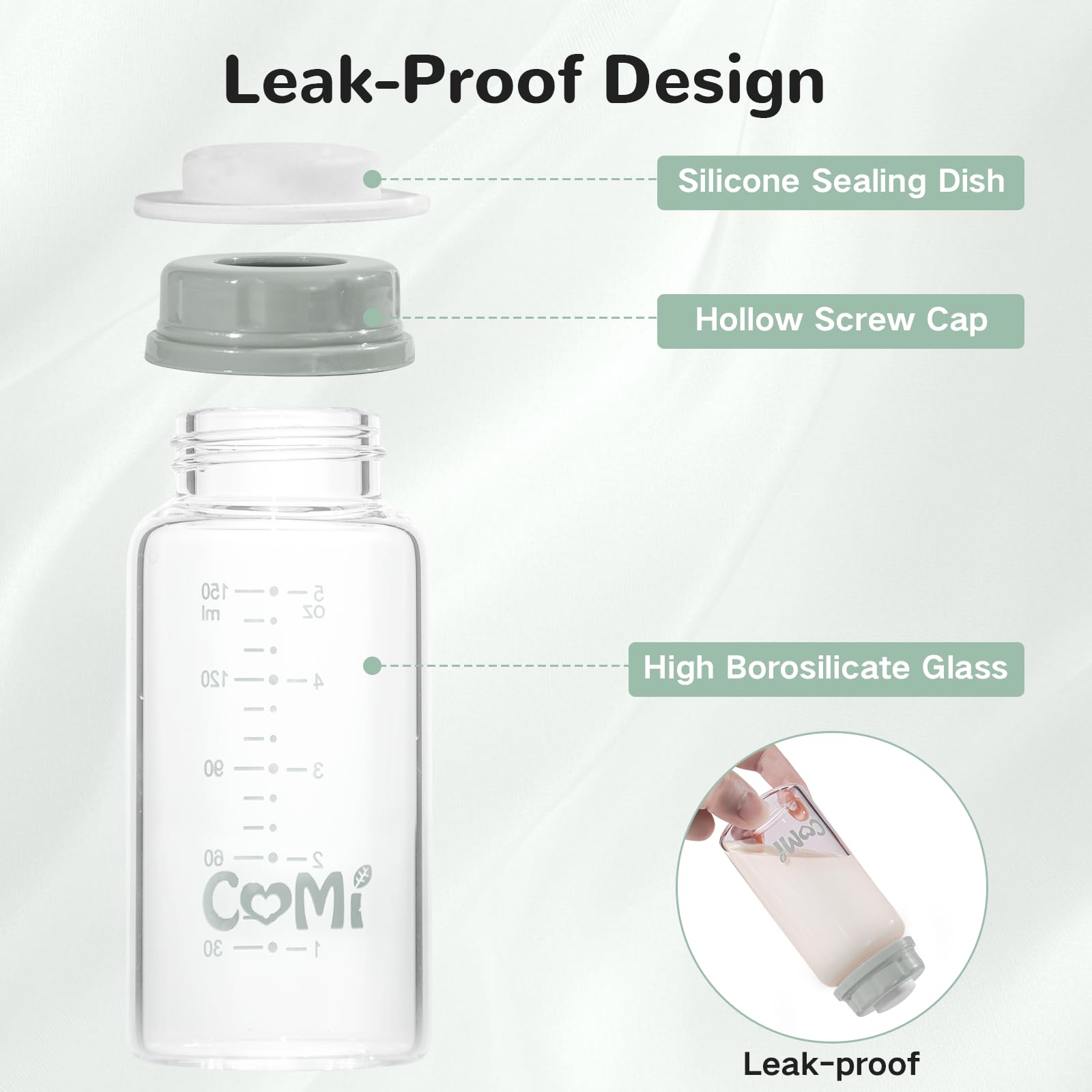COMI Natural Glass Baby Bottle,Standard Neck Breastmilk Storage Bottle for Fridge,Breast Milk Container,Breast Pump Bottle Compatible with Medela Breast Pump,BPA Free,6PCS (5oz,3 Gray+3 Pink)