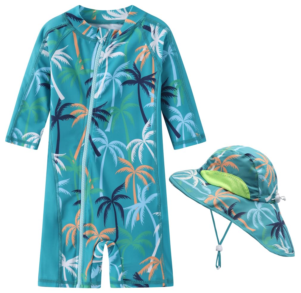 Baby/Toddler Boys Swimsuit Rashguard One Piece Zipper Bathing Suit with Sun Hat Infant Swimwear Sunsuit UPF 50+（Green Coconut Tree，9-12 Months）