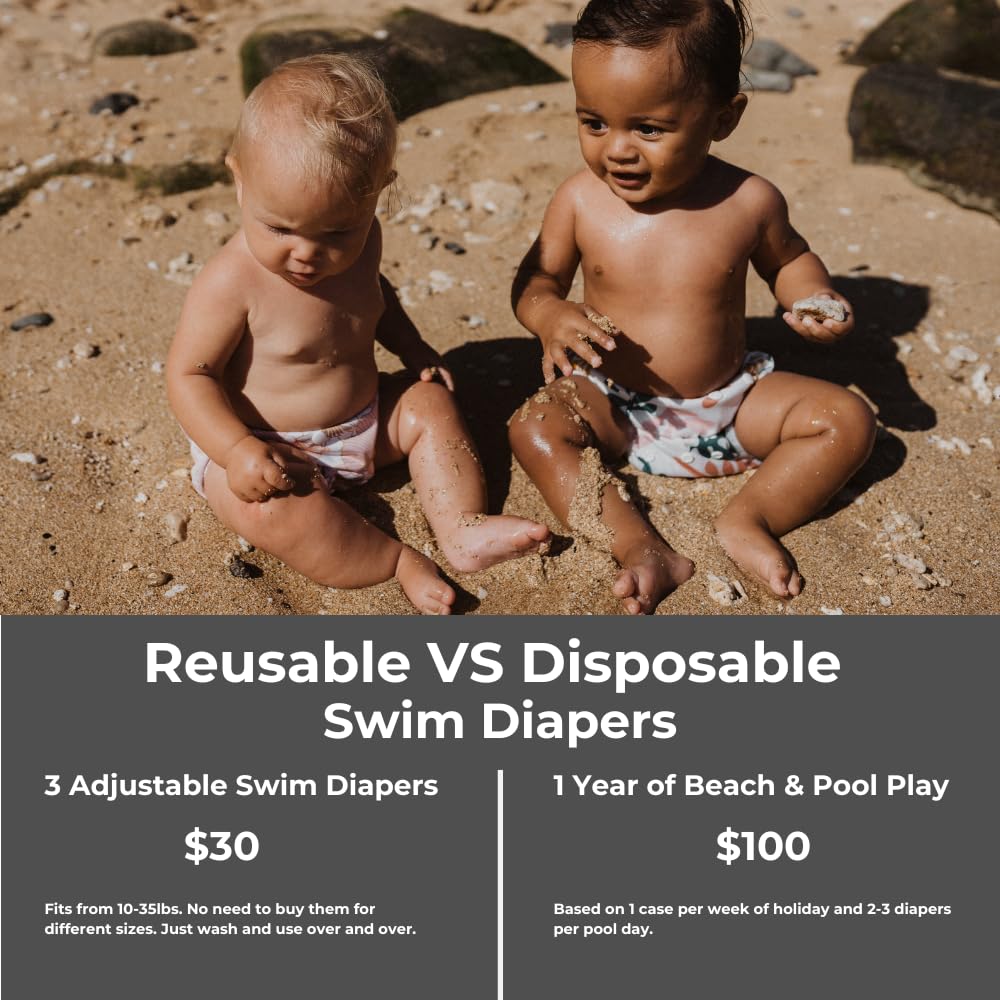 Nora's Nursery Reusable Swim Diapers and Wet Bag - One Size Fully Adjustable - Seaside Unisex 3 Pack with Wet Bag