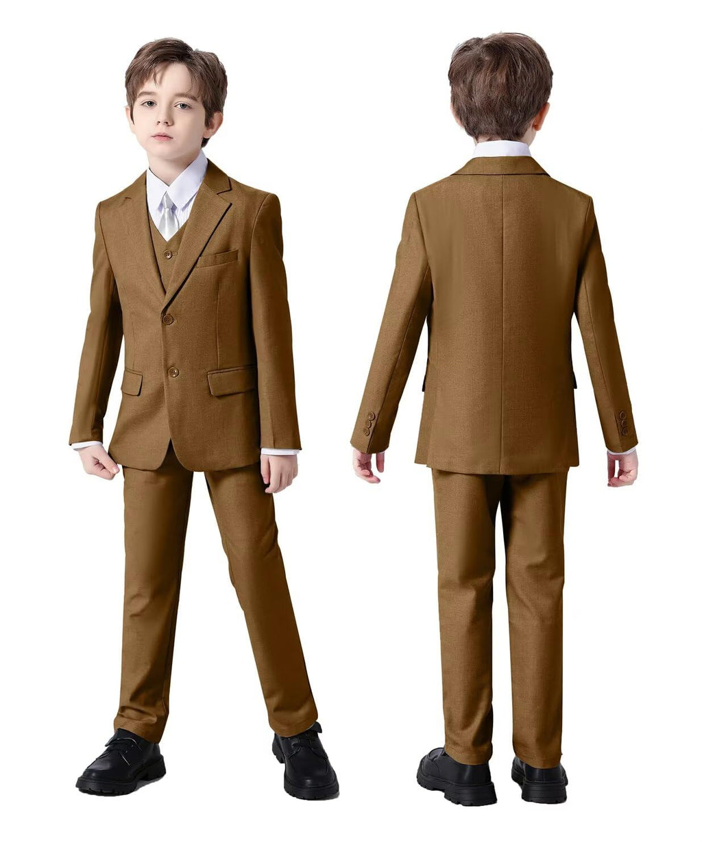 Boys Suit 6 Piece Formal Tuexdo Suit Set Boy Dress Outfit Dark Khaki 4