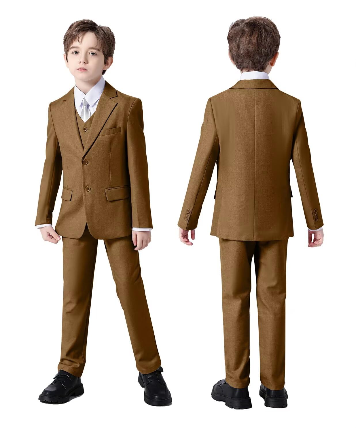 Boys Suit 6 Piece Formal Tuexdo Suit Set Boy Dress Outfit Dark Khaki 3
