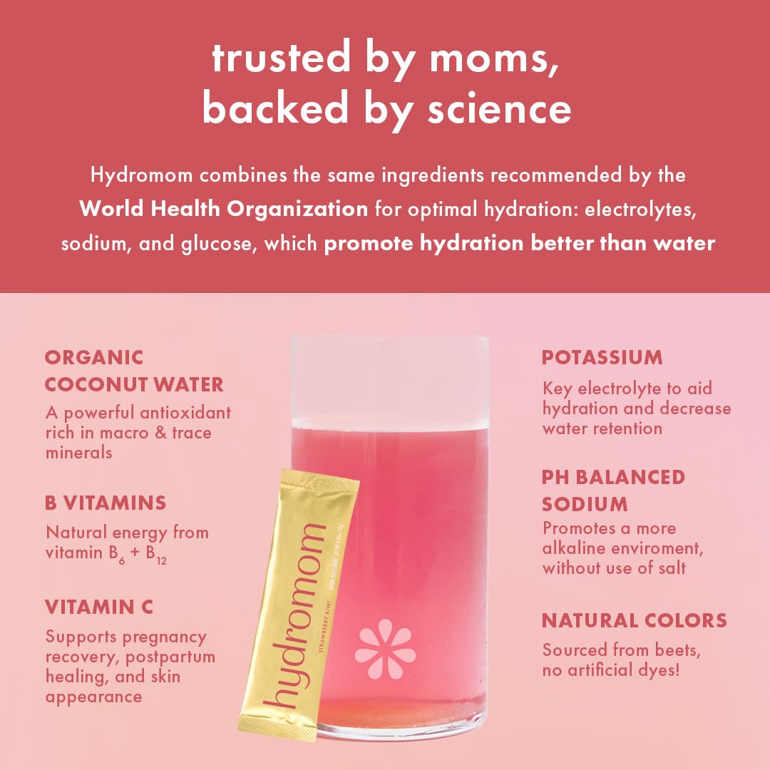 Boobie Hydromom Superfood Electrolyte Drink Mix, Strawberry Kiwi | Refreshing Energy & Hydration Boost for Mamas | On-The-Go & Travel Essentials for Pregnancy, Lactation, & Beyond, 10 Packets