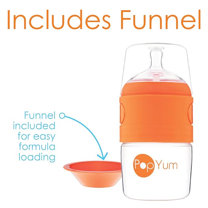 PopYum Orange Formula Making Baby Bottle Starter Set, 4-Pack, 2X 5oz Bottles with #1 Slow Flow Nipples + 2X 9oz Bottles with #2 Medium Flow Nipples