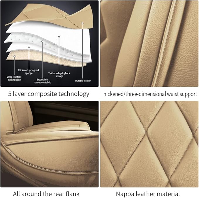 Leather Car Seat Covers for Volkswagen Atlas 2019-2023 Waterproof,Breathable and Non-Slip Napa Leather Car Interior Seat Covers,Comfortable and Durable,Easy to Install(5PCS Comfort,Beige)