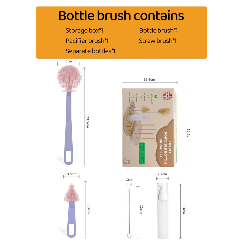 HOEREV Portable Baby Silicone Bottle Brush Set Include Pacifier Brush, Straw Brush, draining Rack, Portable Box