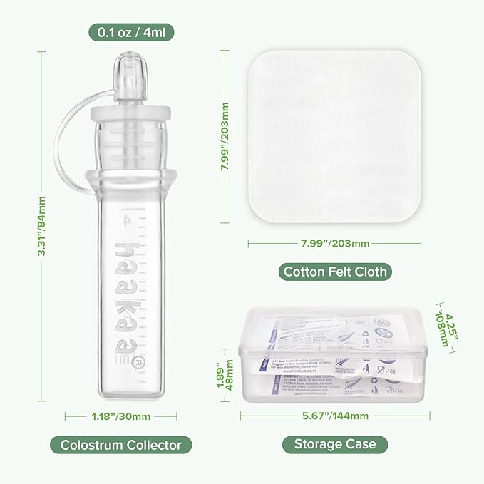 haakaa Colostrum Collector Syringes Set Colostrum Harvesting Kit Include 2 Storage Cases and 2 Cotton Cloth Wipes to Collect Store and Feed Colostrum, 0.1oz/4ml,12pcs