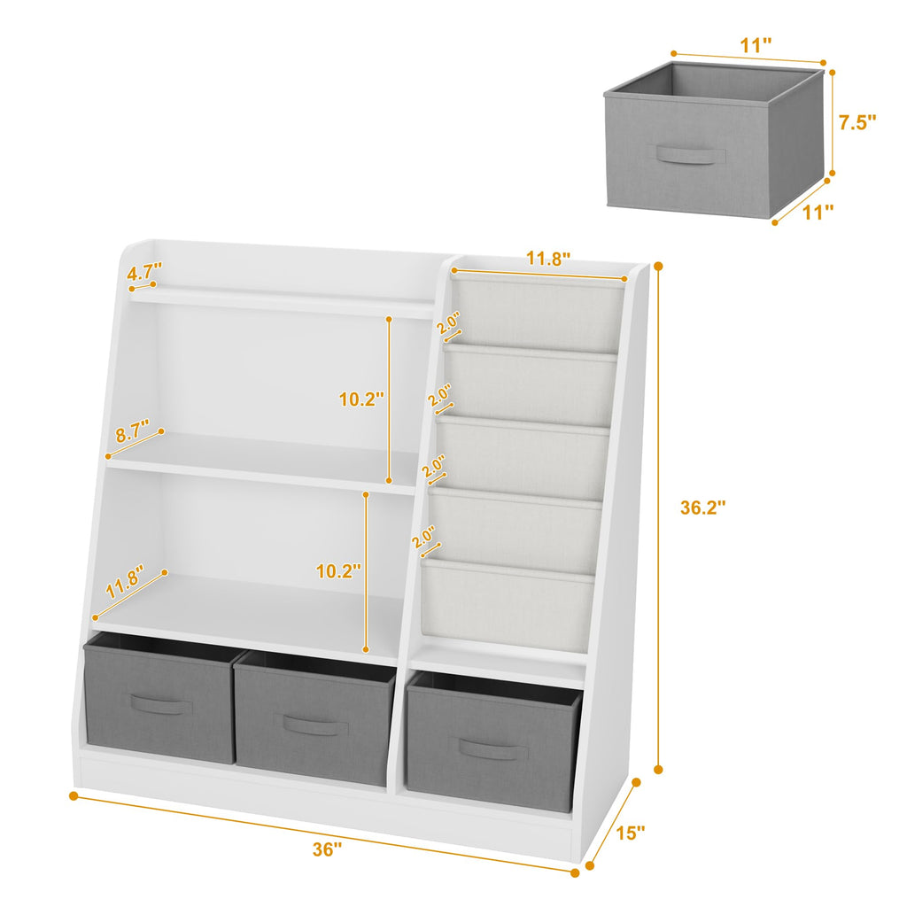 HedoAjim White Kids Bookshelf Wood Montessori Toy Storage Organizer Cabinet Shelf Child Bookcase Toddler Baby Sling Book Rack 3 Cube Bin Fabric Drawers for Playroom Bedroom Nursery School