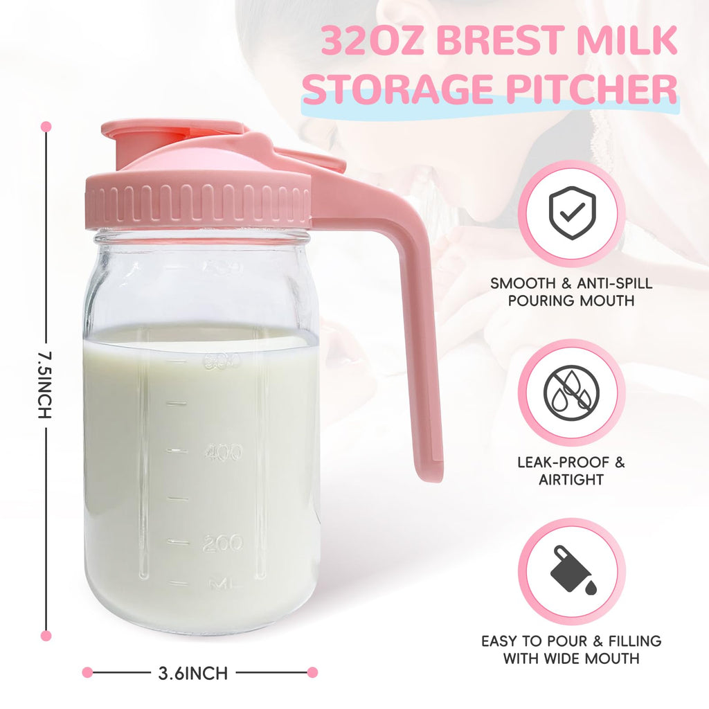 2 PACK Breast Milk Pitcher 32OZ Glass Breastmilk Pitcher with Lids(Pink)