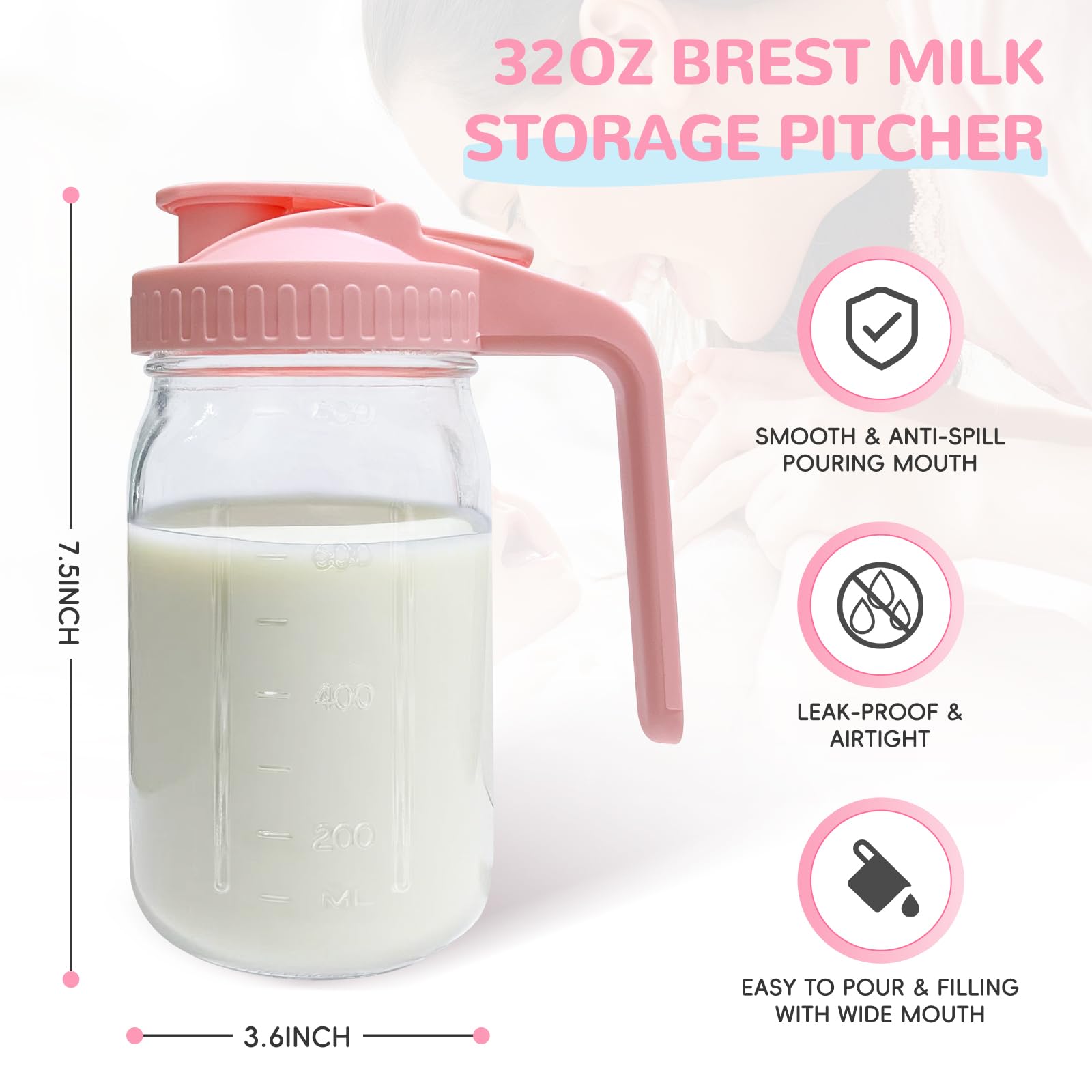 2 PACK Breast Milk Pitcher 32OZ Glass Breastmilk Pitcher with Lids(Pink)