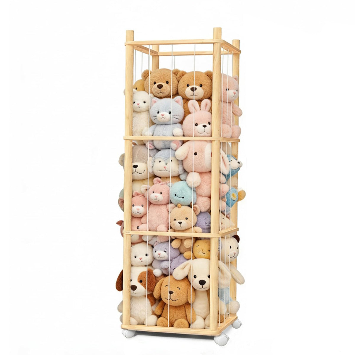 Stuffed Animal Storage, Wood Stuffed Animal Zoo Storage with Brake Wheels, Space Save Toy Organizer, Large Capacity Stuffed Animal Holder, Perfect for Nursery Playroom Kidroom Bedroom