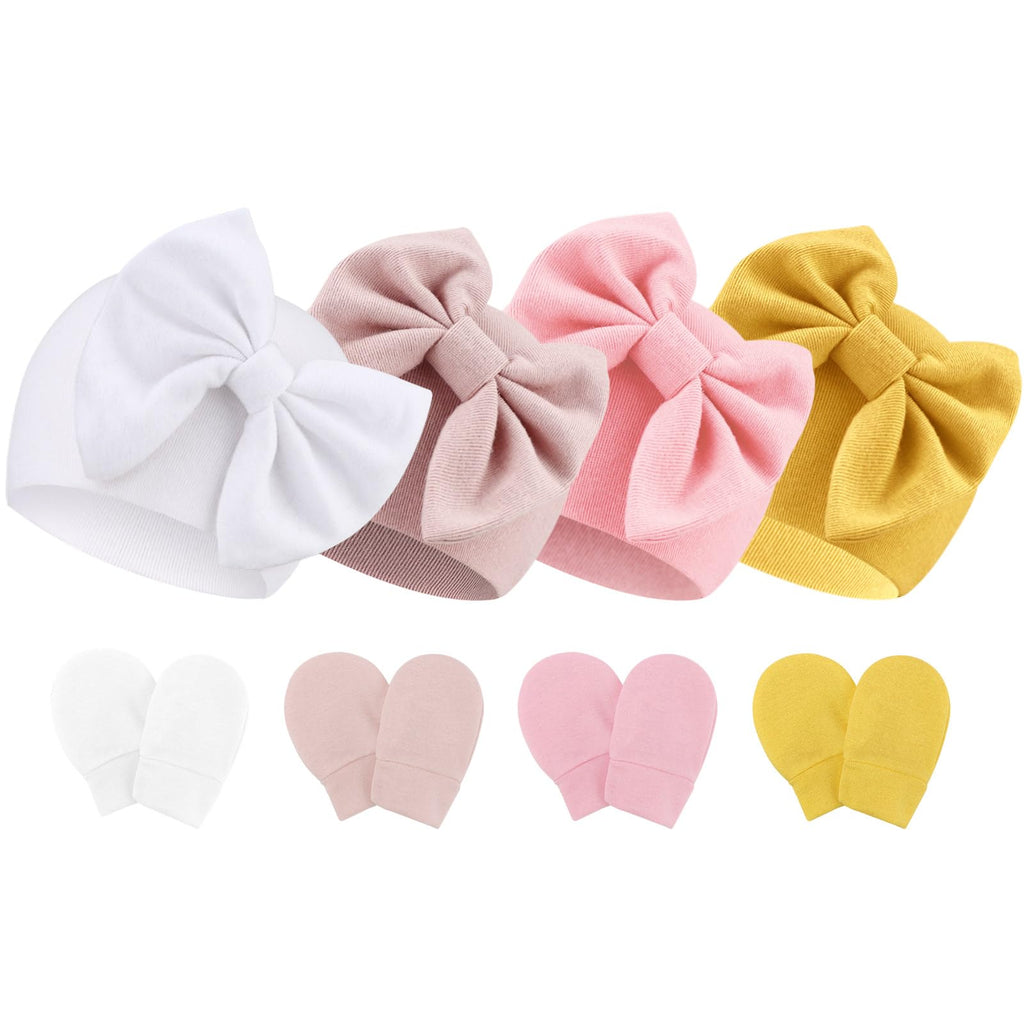 BQUBO Newborn Baby Hats Mittens Set Hospital Hat Beanie Infant Bow Hats Baby Cotton Gloves No Scratch Mittens for 0-6 Months