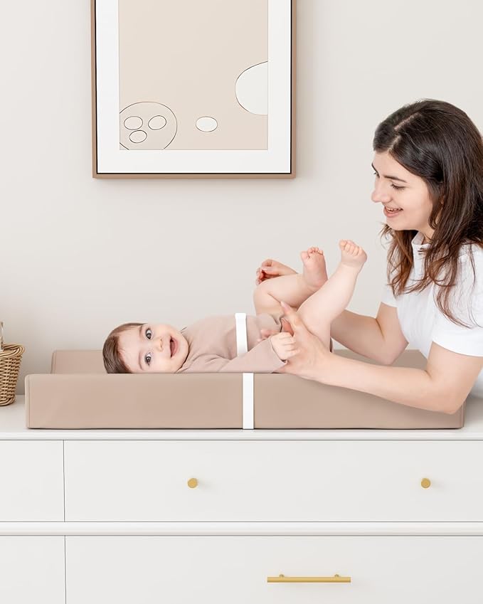 Wipeable Baby Changing Pad for Dresser and Table, Cozy Diaper Changing Pad with Waterproof & Wipe-Clean Leather Cover, Light Brown