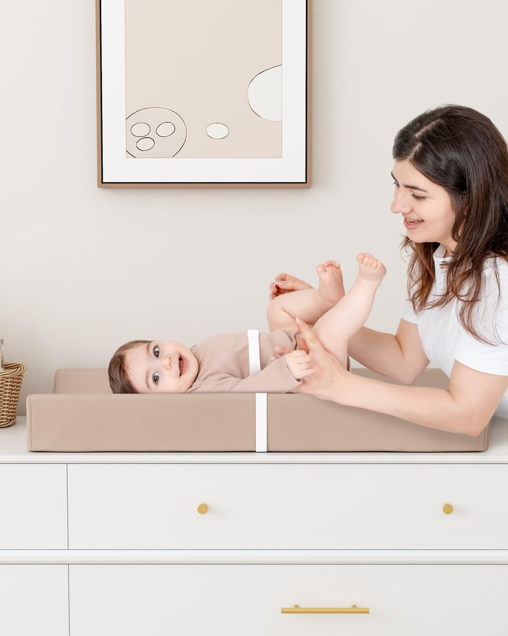 YACODAVO Wipeable Baby Changing Pad for Dresser and Table, Cozy Diaper Changing Pad with Waterproof & Wipe-Clean Leather Cover, Light Brown