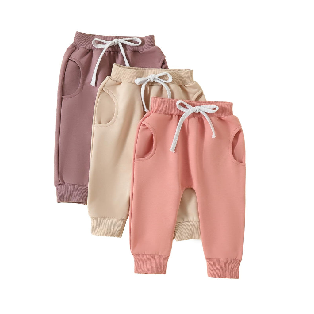 Sejardin Toddler Baby Boy Girl Pants 3 Pack Solid Color Elastic Waist Jogger Sweatpants Newborn Infant Casual Bottoms (Apricot Pink Purple, 18-24 Months)